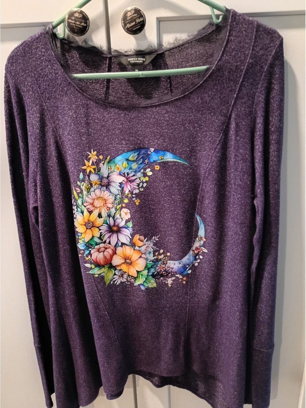 Simply Vera Vera Wang Purple Floral Moon Graphic Long Sleeve Shirt Medium